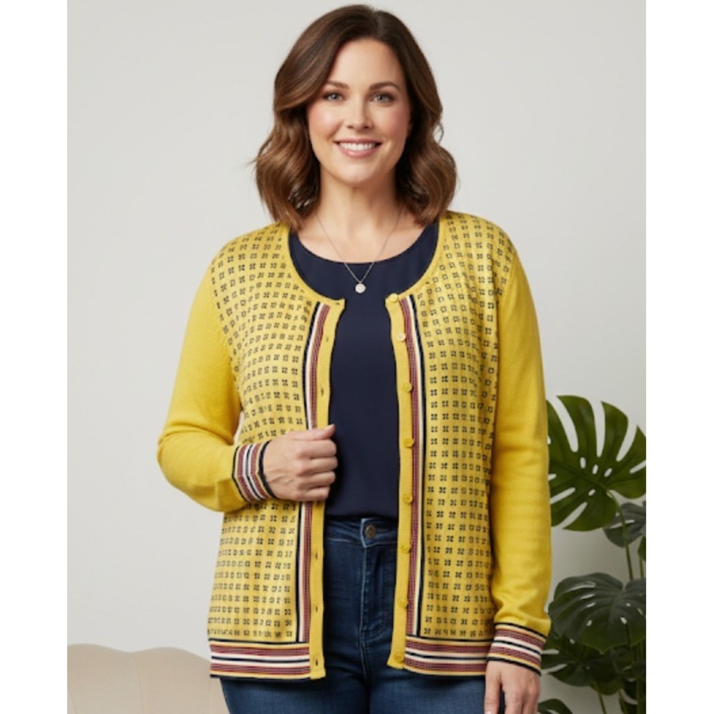 NWOT Talbots Womens Printed Yellow Cardigan Sweater Button Down Geometric XL 227